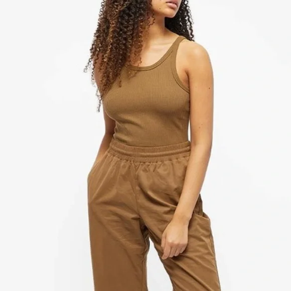 Good American Thong Tank Bodysuit Ribbed Khaki Forrest Green Brown High Leg Sz L - Picture 9 of 15